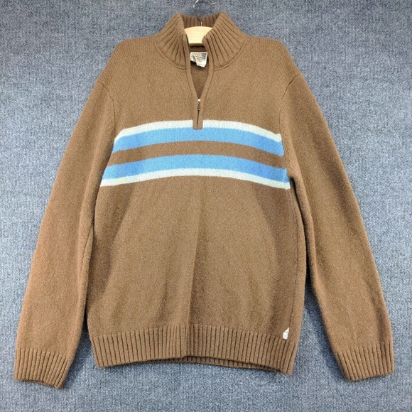 Timberland Men's 1/4 Zip Pullover Knit Sweater Brown XL Chest Stripe Lambswool - Picture 2 of 13